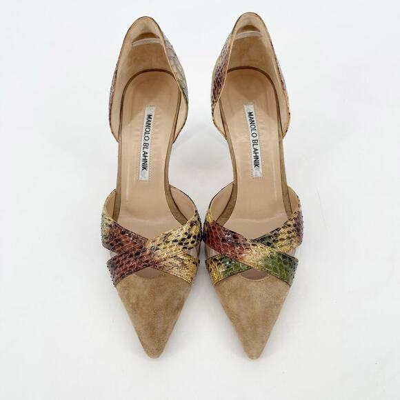 Manolo Blahnik Tan Suede Snakeskin PVC Cutout Pointed Toe D'Orsay Heel IT 36 - Picture 5 of 11
